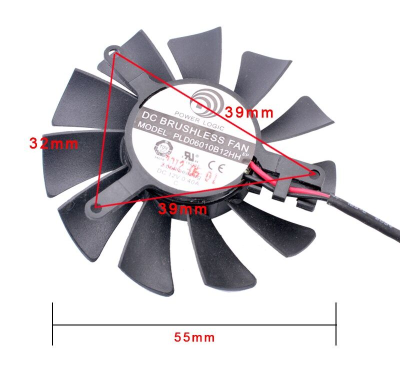 Ventilator 55x55x10mm 12VDC 2-pins tripod bevestiging PLD06010B12HH afmetingen